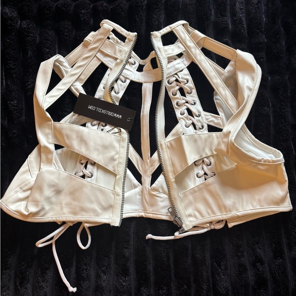NWT Cream Faux Leather Lace-Up Corset Top | Strappy Bustier - Picture 3 of 5